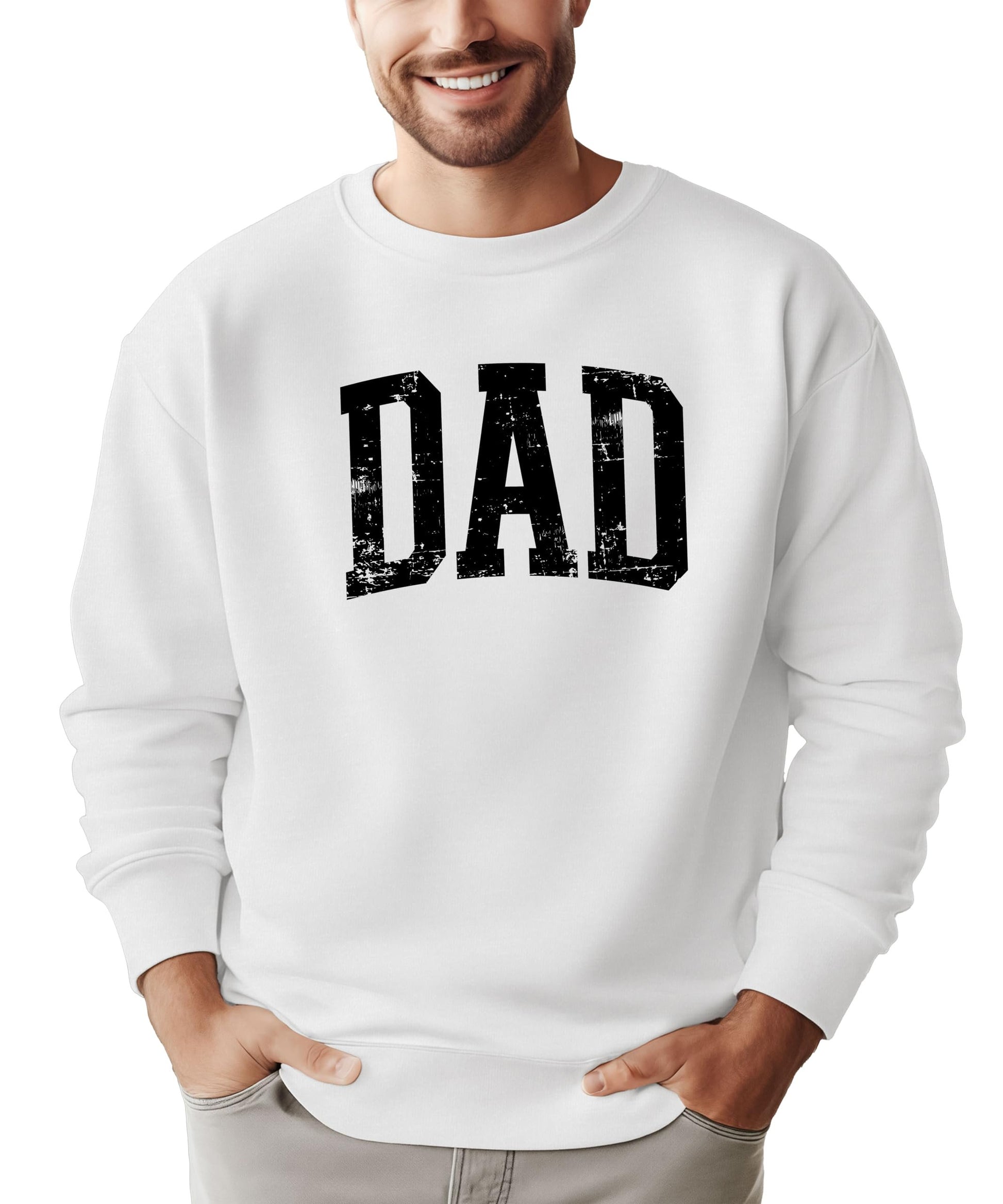 Front view of Olive Loves Apple distressed dad crewneck sweatshirt for men