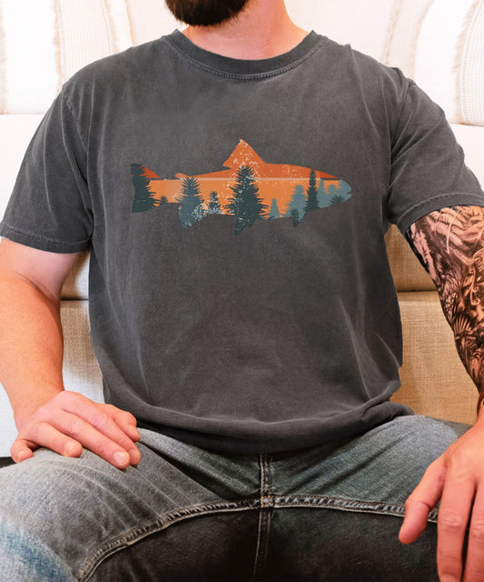 Trout Fishing Sunset Graphic T-Shirt - Unisex Outdoor Nature Tee