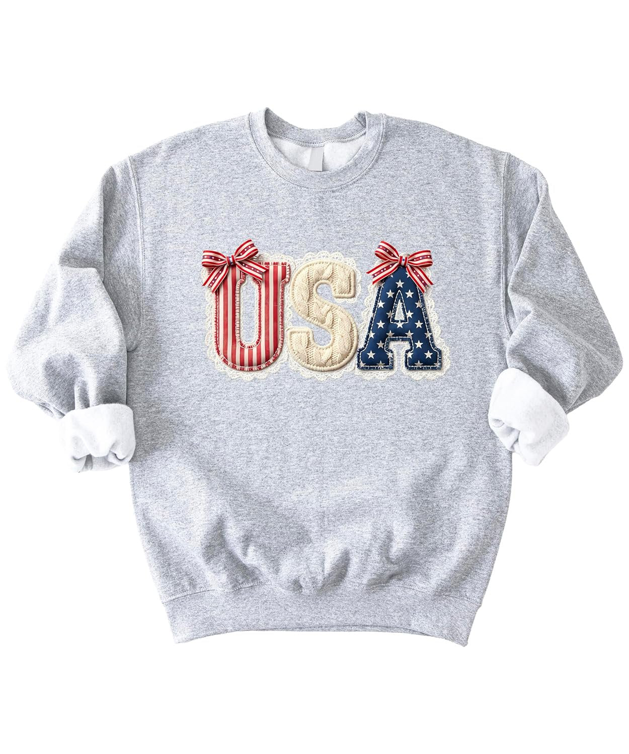 Close-up view of USA coquette design showing lace trim and ribbon bow details on patriotic sweatshirt