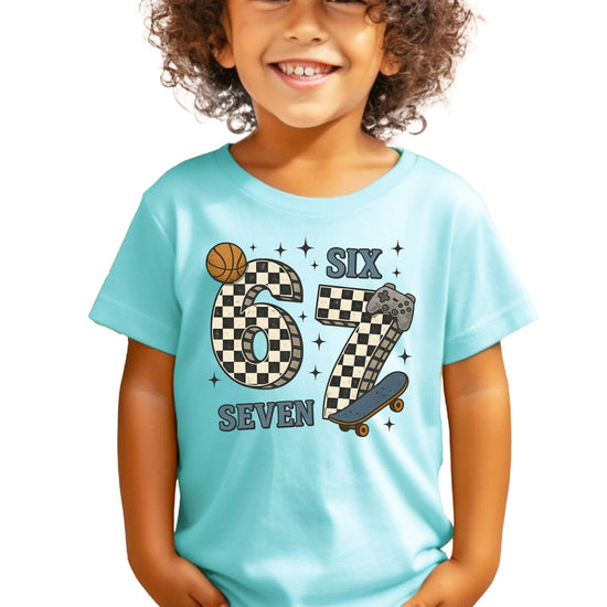 Front view of kids funny 6 7 meme shirt in natural color with bold checkered print