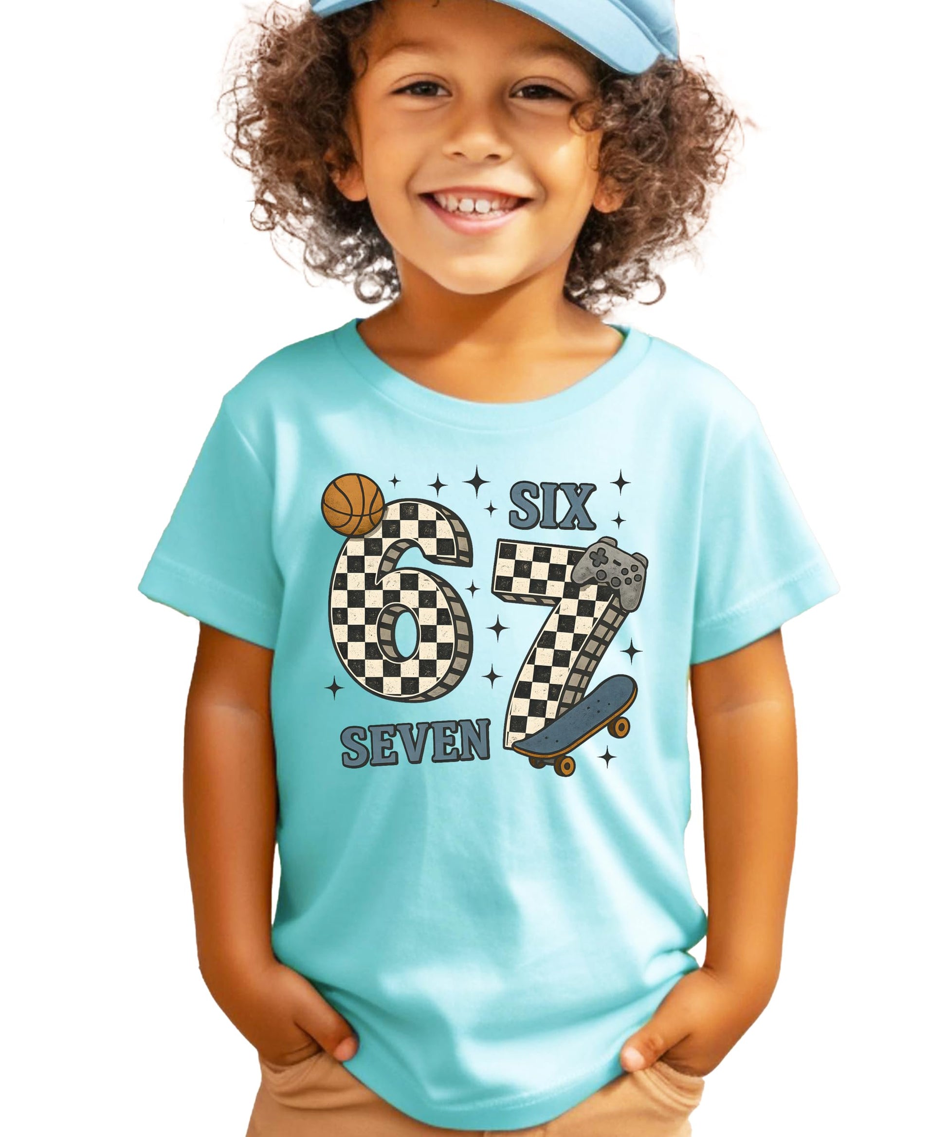 Front view of kids funny 6 7 meme shirt in natural color with bold checkered print