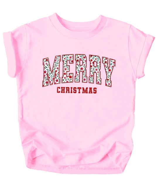 Floral Merry Christmas Shirt for Women, Teens & Kids Matching Family Festive Holiday Tee