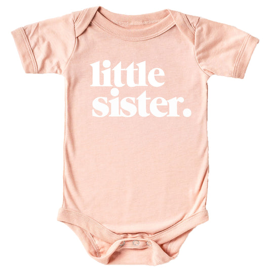 White Little Sister graphic on mauve baby bodysuit from Olive Loves Apple for baby girls sibling outfit