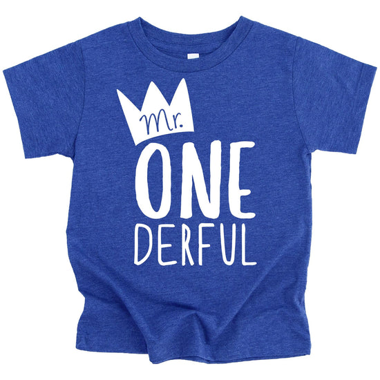 Front view of Mr. One-Derful boys first birthday outfit on white background