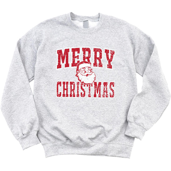 Gray Christmas Santa sweatshirt displayed flat showing full vintage holiday design