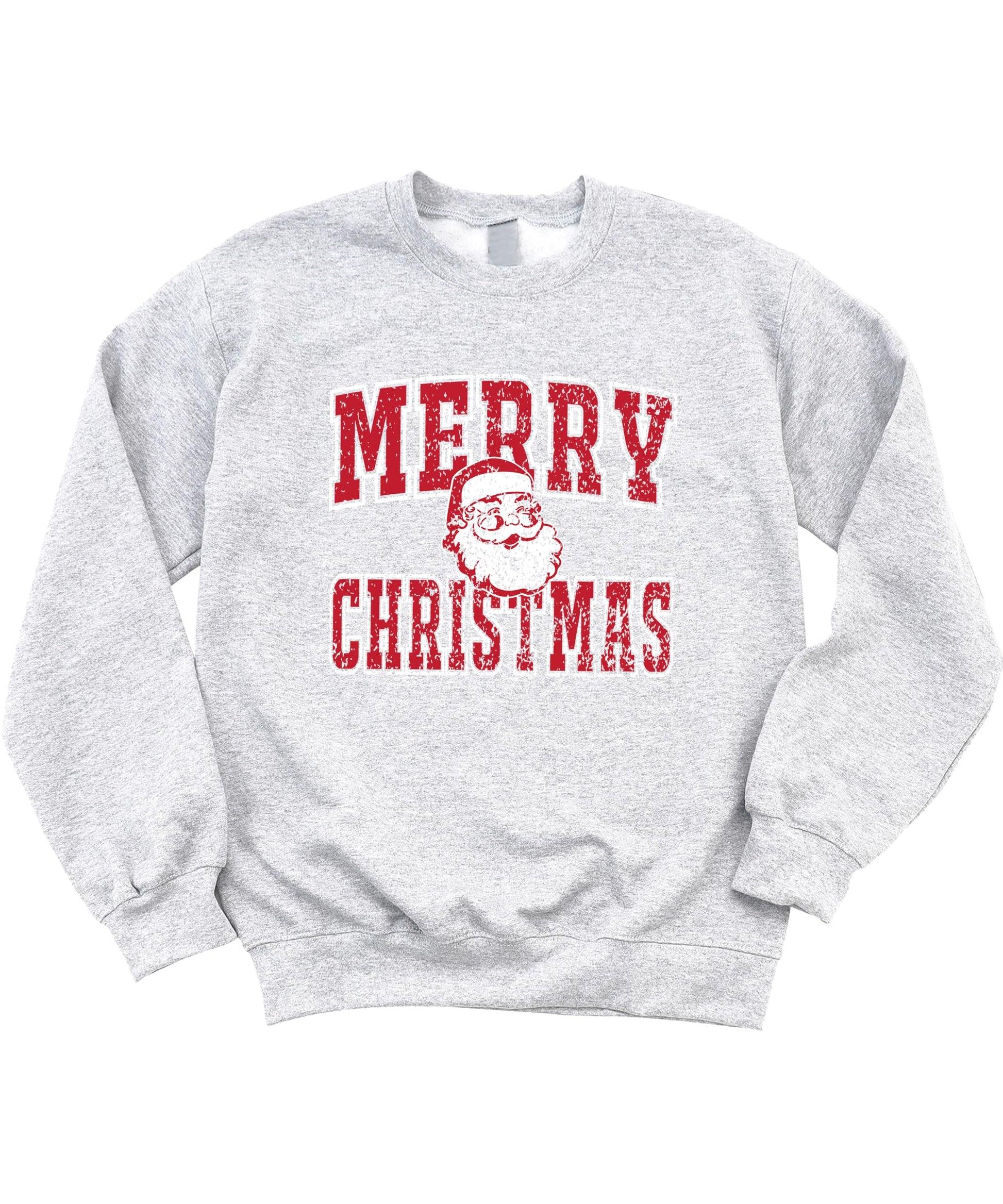 Gray Christmas Santa sweatshirt displayed flat showing full vintage holiday design