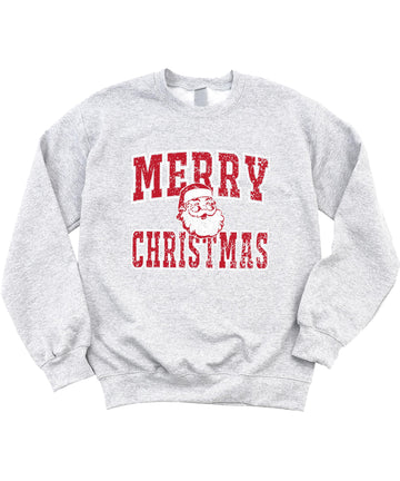 Gray Christmas Santa sweatshirt displayed flat showing full vintage holiday design