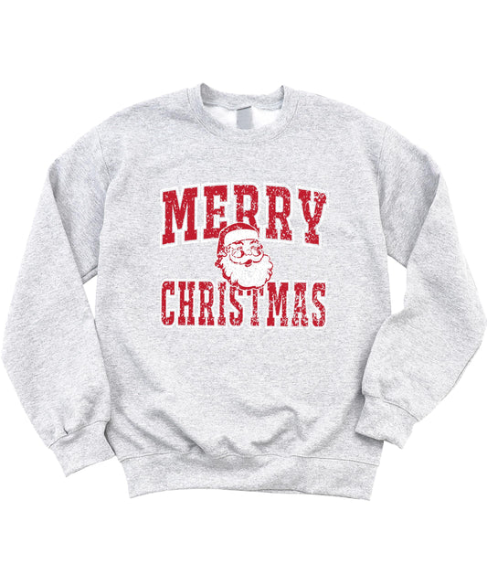 Gray Christmas Santa sweatshirt displayed flat showing full vintage holiday design