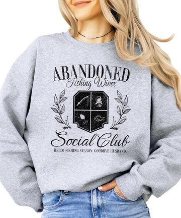 White pullover sweatshirt with Abandoned Fishing Wives Social Club graphic print for women