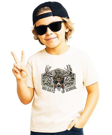 Front view of kids camo buck 100th day of school graphic tee in natural color