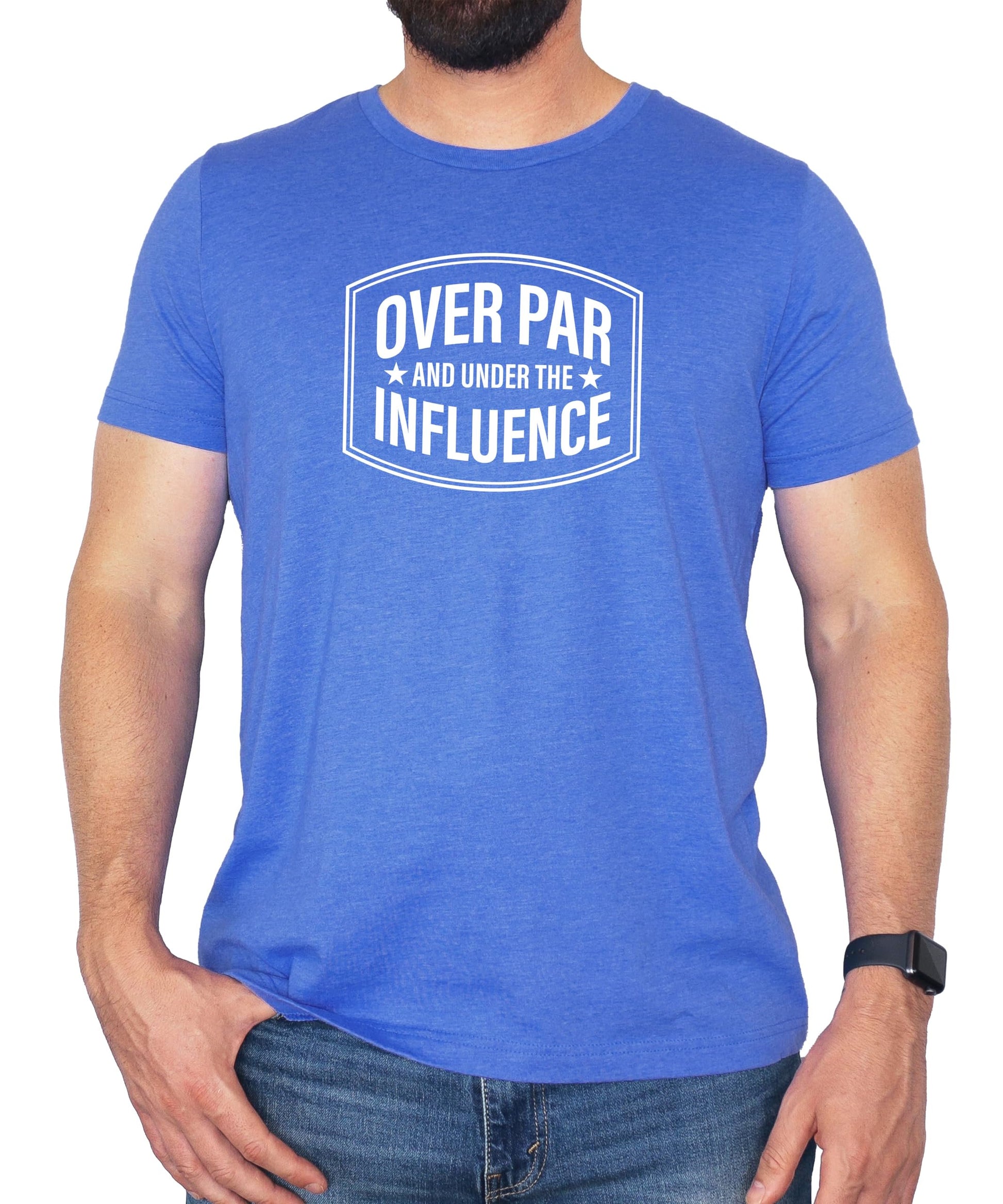 Flat lay of heather blue funny golf tee for men by Olive Loves Apple