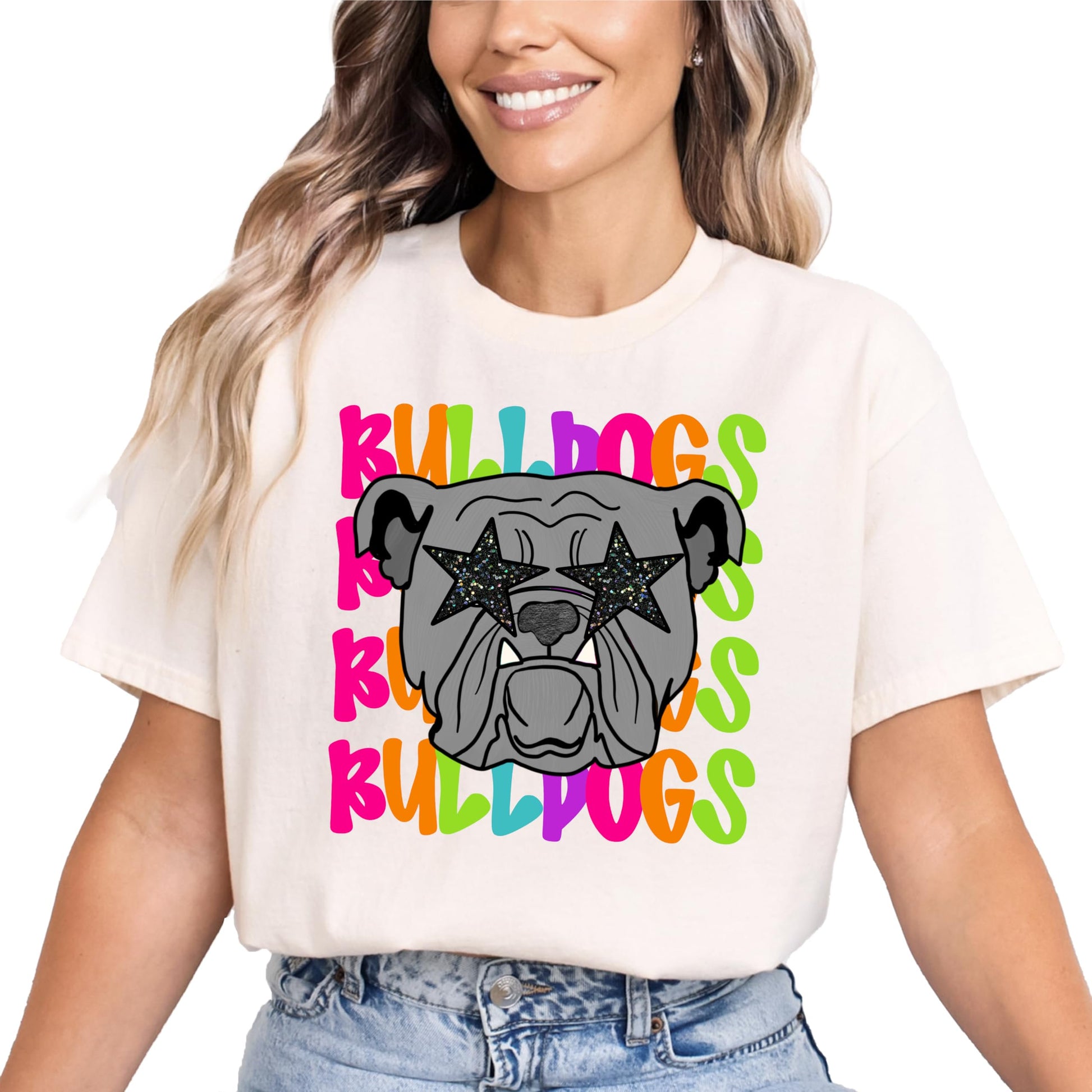 Detail shot of professional print quality on black Bulldogs game day shirt