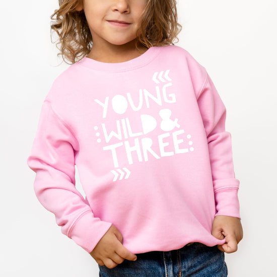 Close-up of Young Wild Three text design on pink toddler sweatshirt