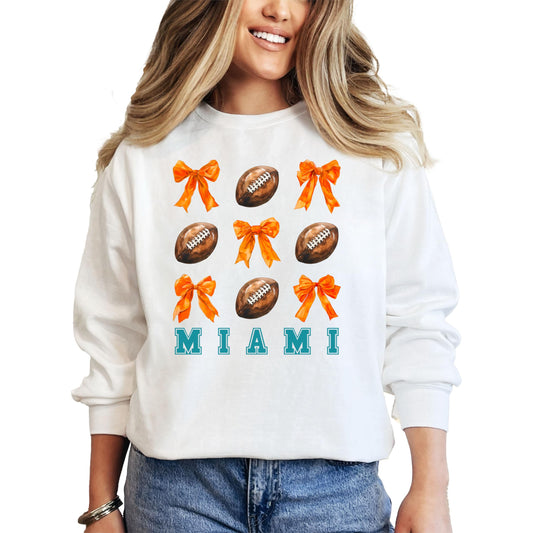 Miami Football Sweatshirt for Women Orange Bows and Footballs Game Day Pullover