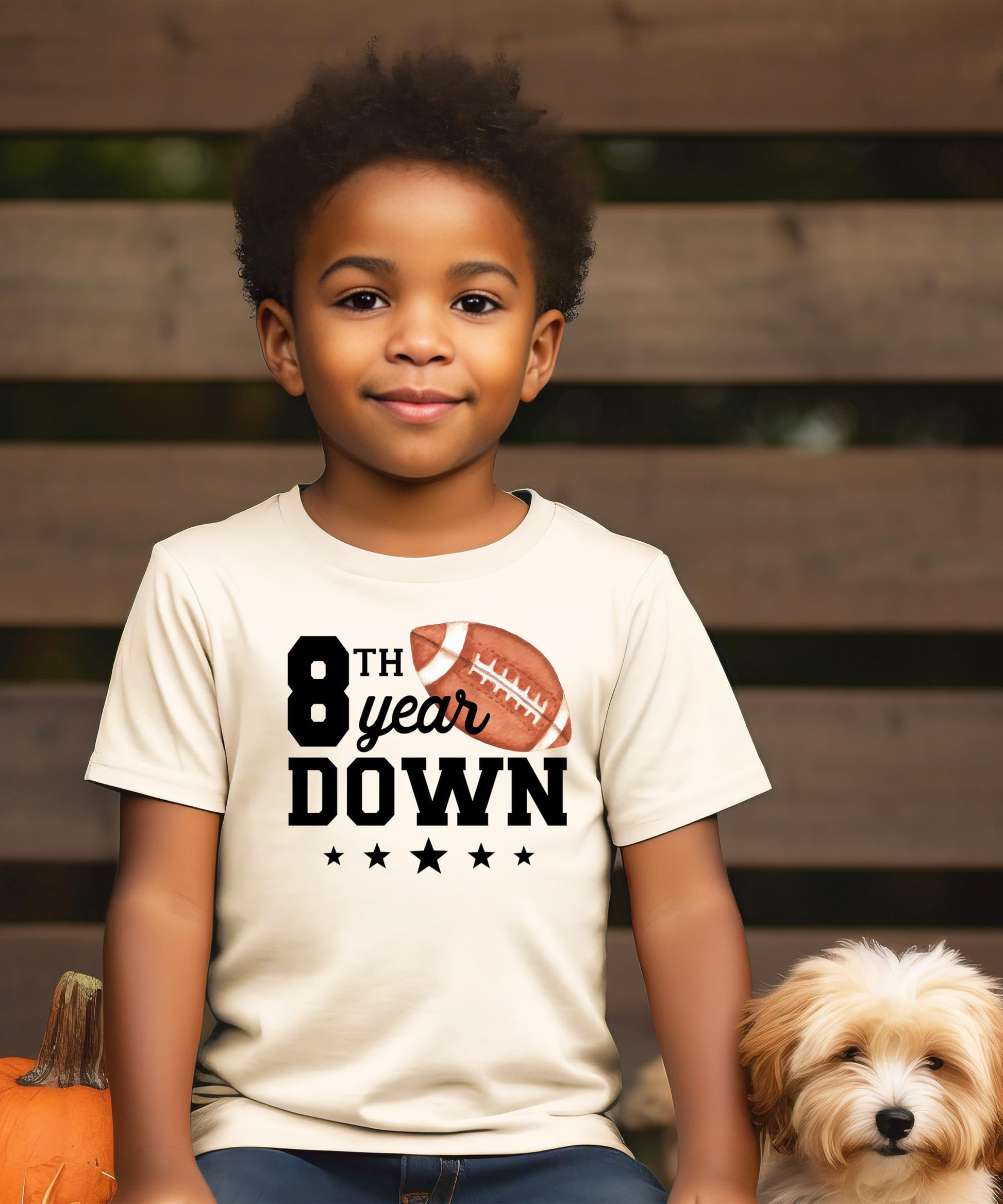 Kids football themed birthday shirt with '8th Year Down' graphic, granite heather color