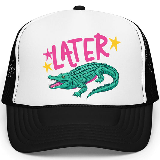 Later Gator Trucker Hat for Women Funny Alligator Foam Front Classic 5 Panel Mesh Snapback White / White Trucker Hat