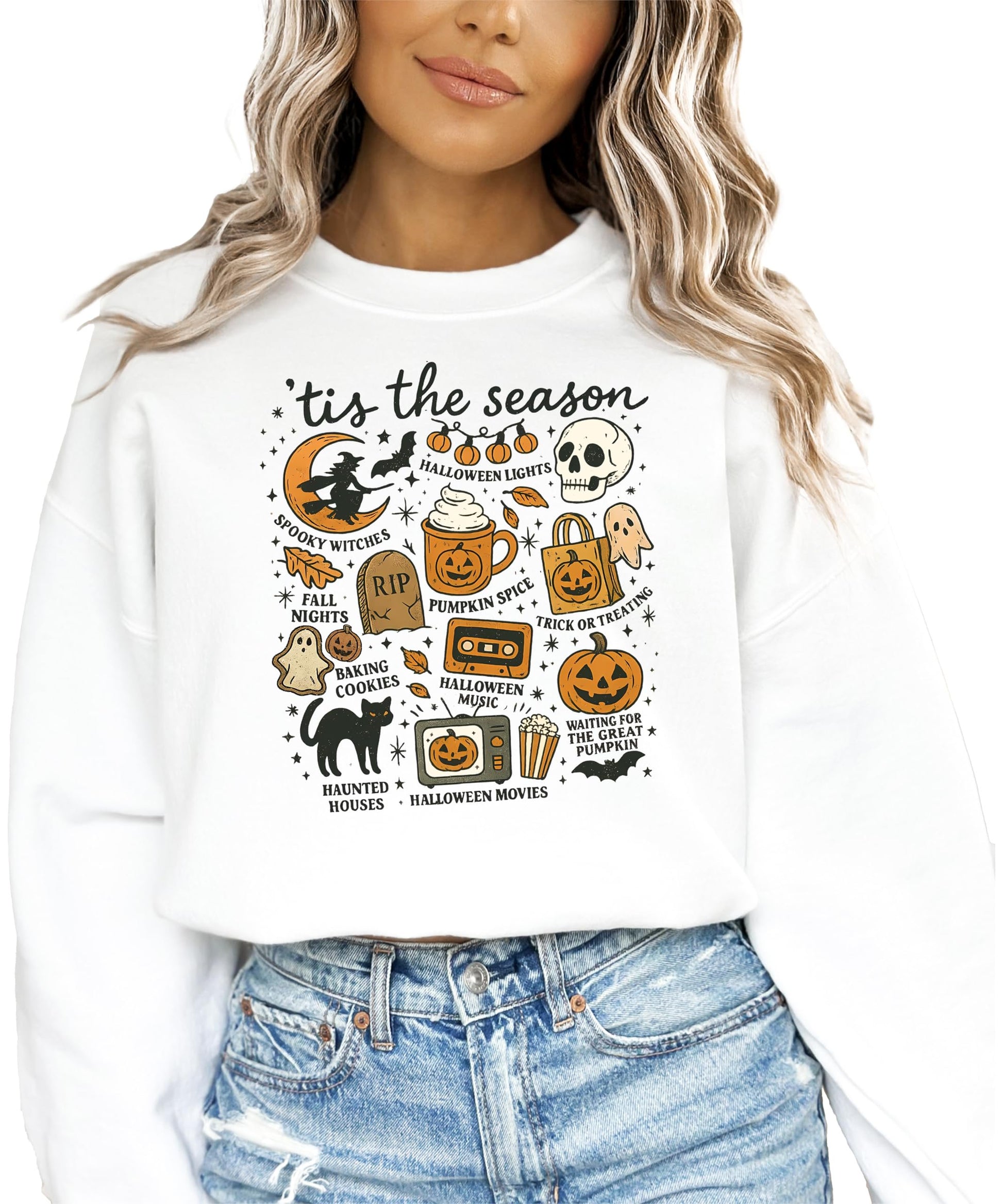 Side view of model in gray Halloween pumpkin ghost sweatshirt showing fit