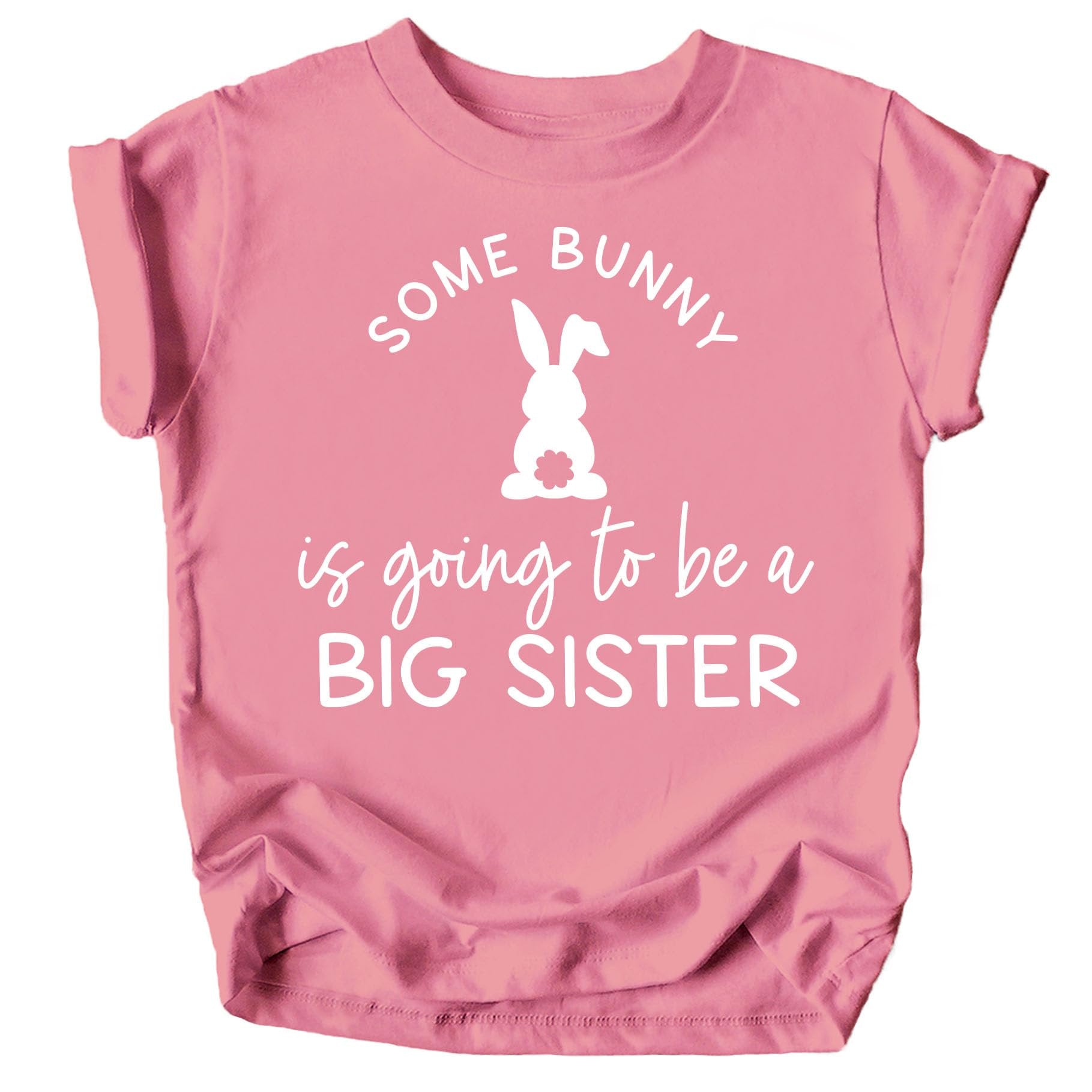 Front view of kids' peach Easter big sister announcement shirt with bunny graphic