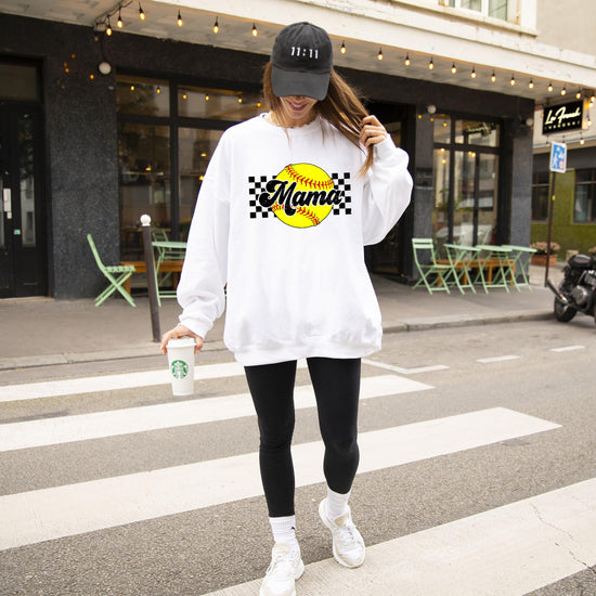 Softball Mom sweatshirt laid flat showing full yellow checkered graphic design