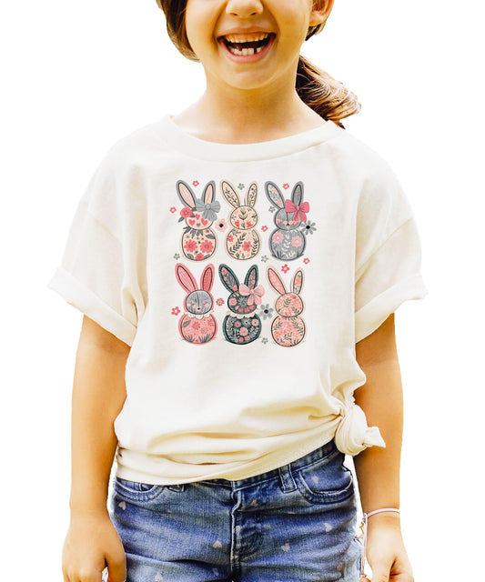 Back view of girls Easter bunny floral tee showing shirt construction