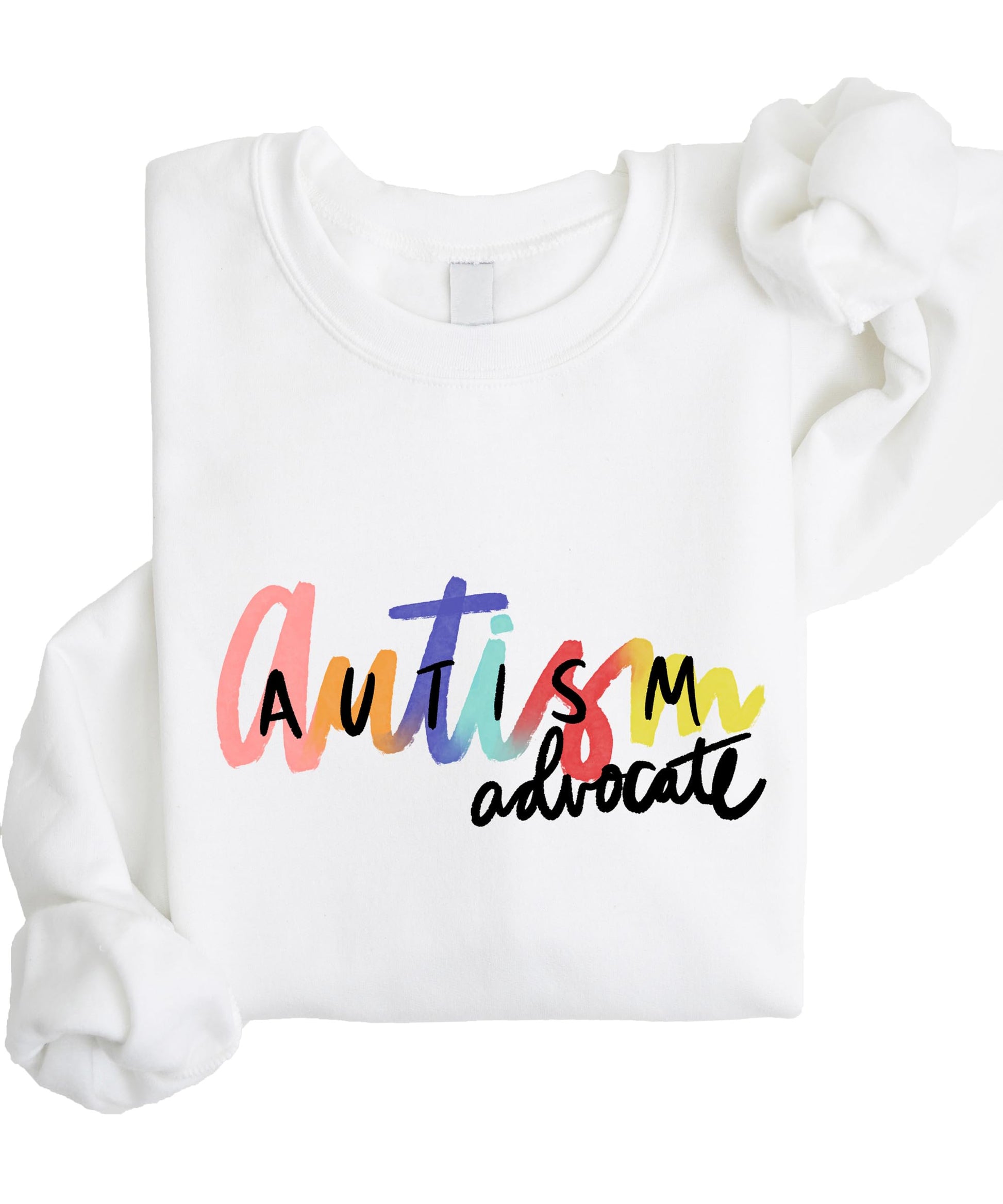 Women's white pullover sweatshirt with colorful Autism Advocate graphic design on the front