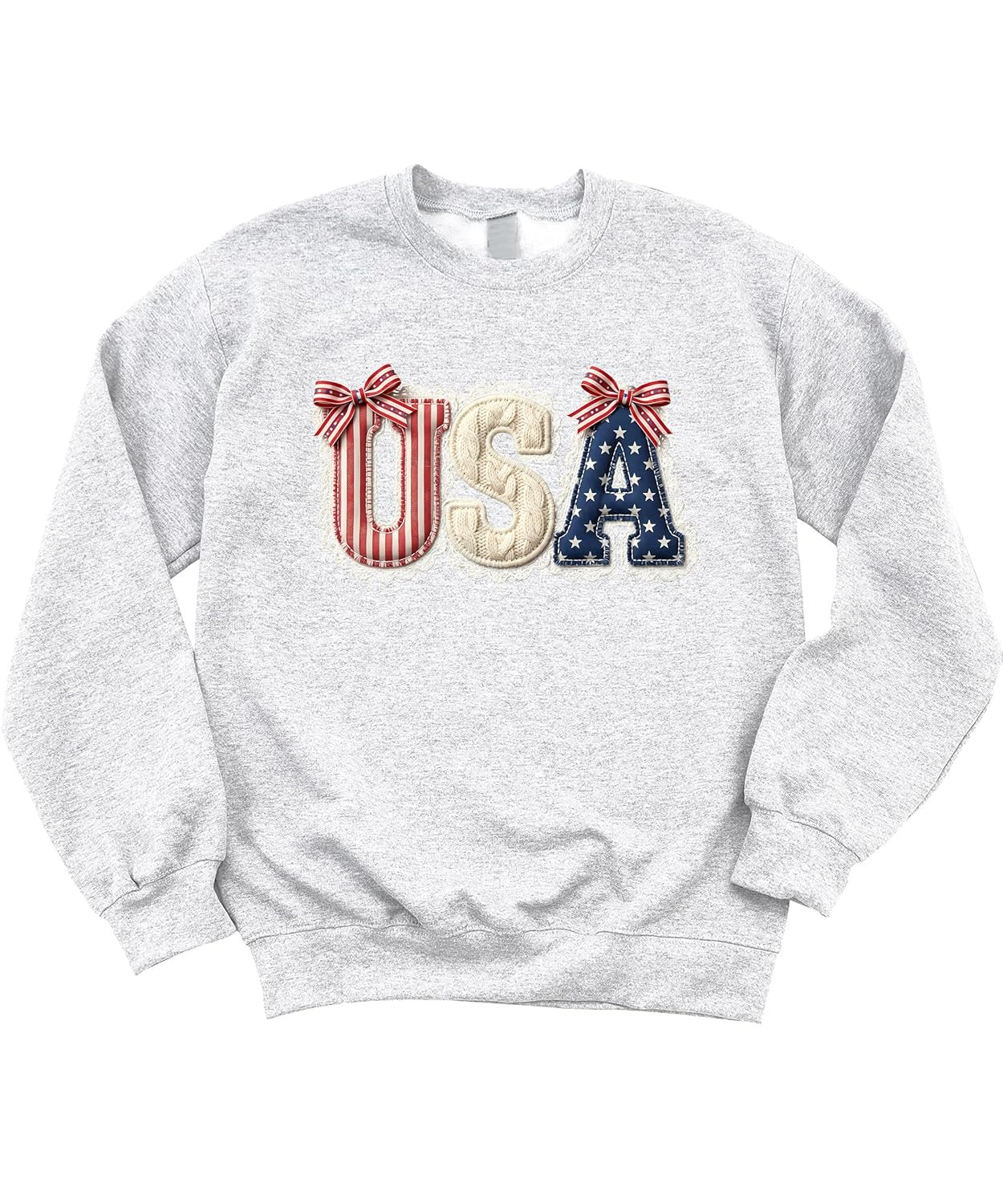 Model wearing white USA bow sweatshirt styled with jeans for July 4th casual look