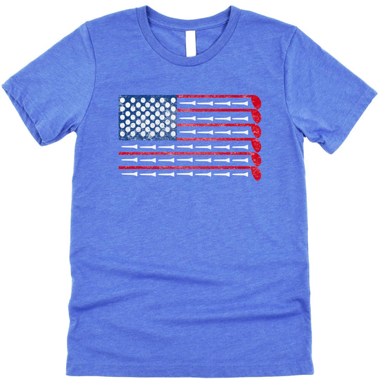 Detail shot of Fourth of July golf shirt print quality on heather blue fabric