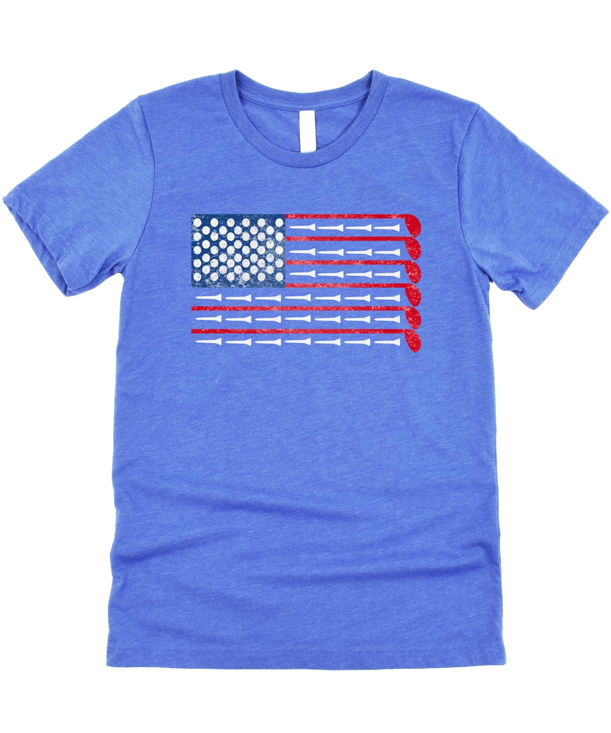 Detail shot of Fourth of July golf shirt print quality on heather blue fabric