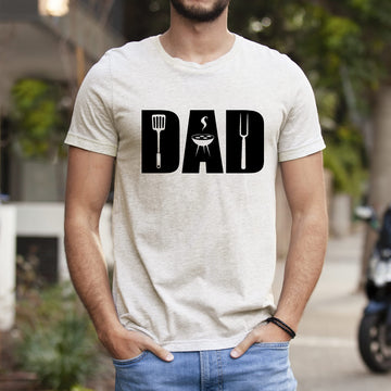 Detail shot of BBQ grill graphic on soft heather natural men's t-shirt