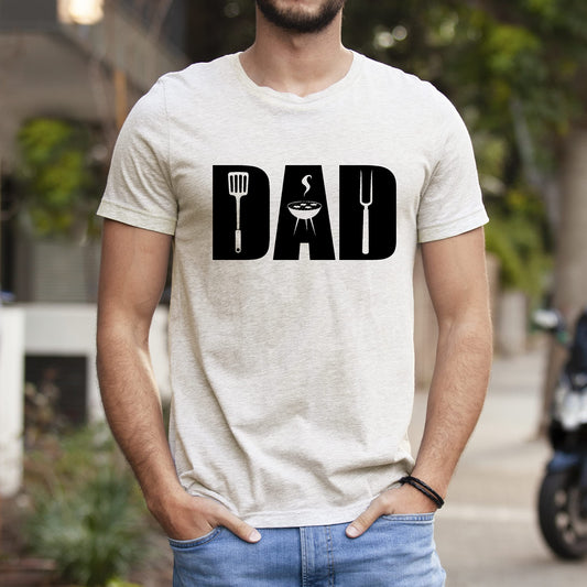 Detail shot of BBQ grill graphic on soft heather natural men's t-shirt