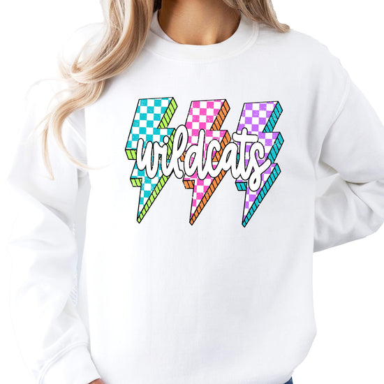 Detail shot of checkered lightning bolt pattern on wildcats school spirit sweatshirt