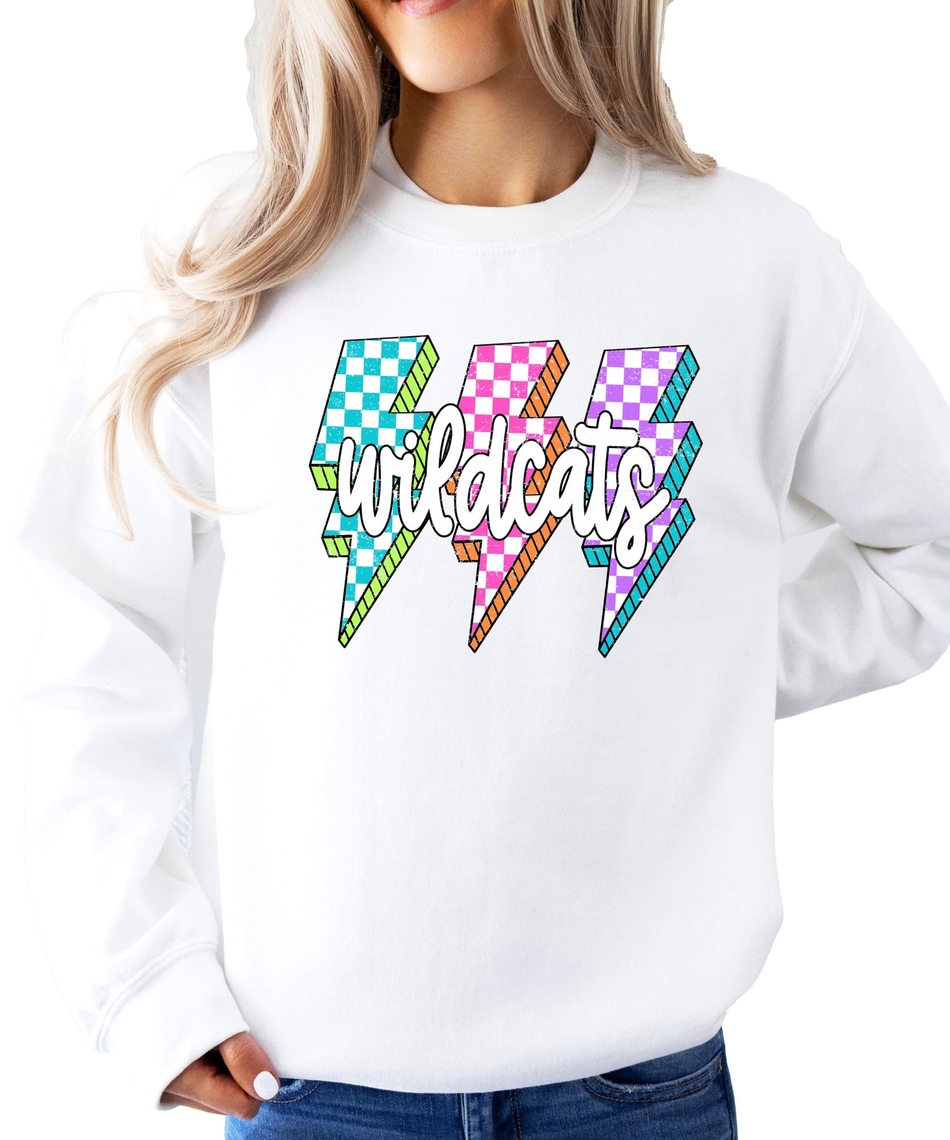 Detail shot of checkered lightning bolt pattern on wildcats school spirit sweatshirt