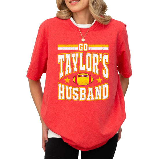 Go Taylor's Husband game day tee styled for a football watch party — women's and girls' sizes available
