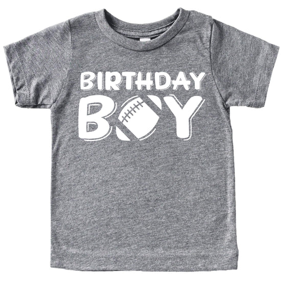 Boys granite heather football birthday shirt with bold graphic design for toddler and youth sizes