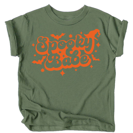 Baby and toddler girl wearing Spooky Babe Halloween spiderweb tee in burgundy