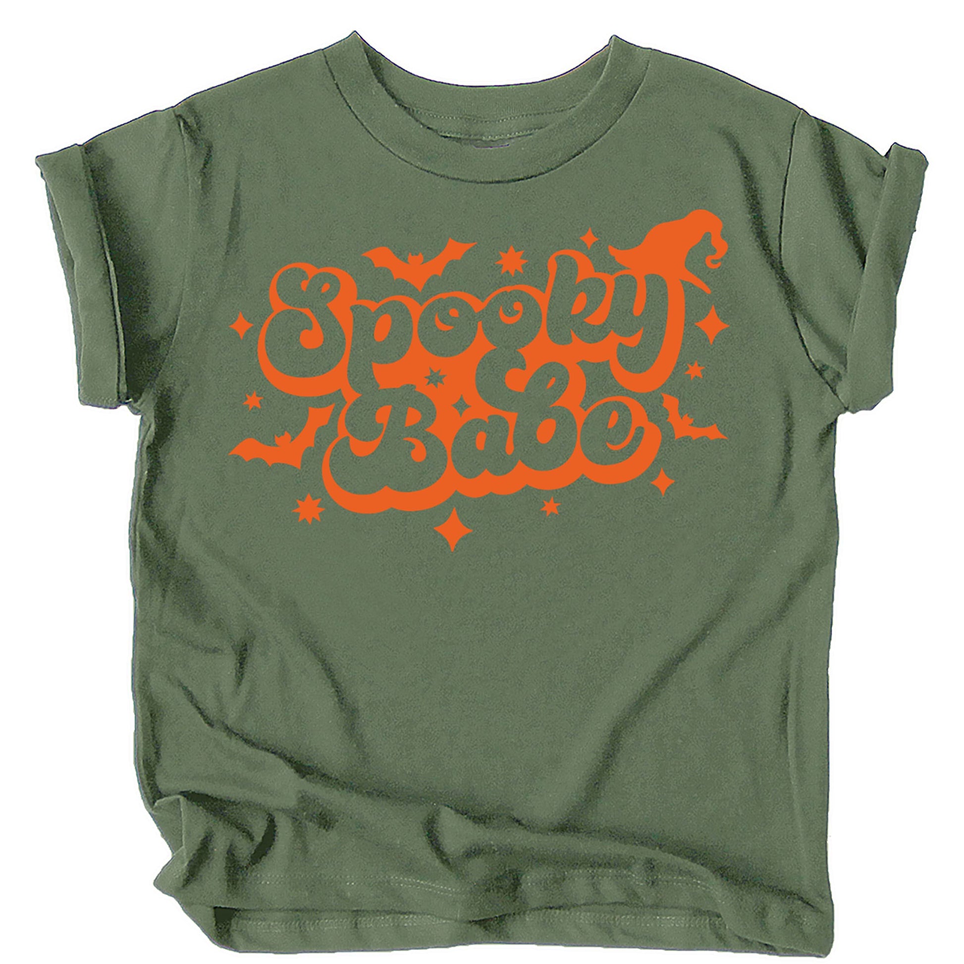 Baby and toddler girl wearing Spooky Babe Halloween spiderweb tee in burgundy