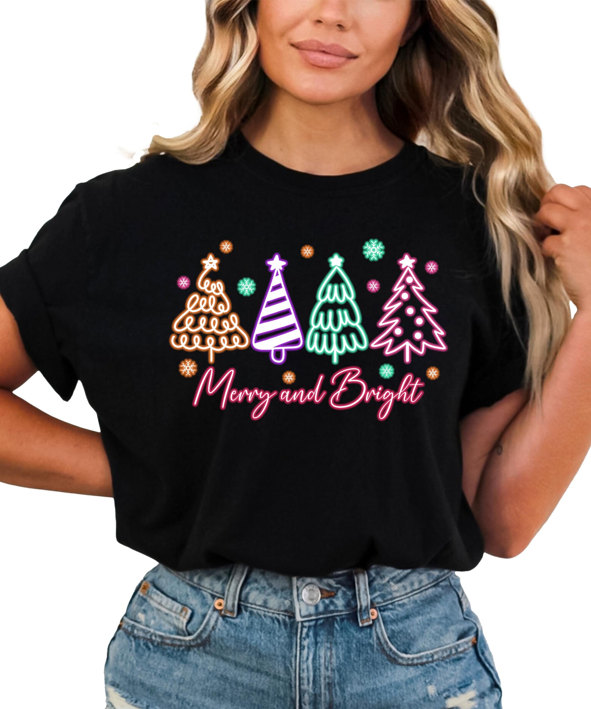 Front view of neon holiday Christmas shirt with glowing tree graphic on black tee