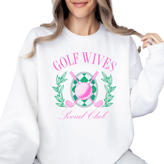 Close-up of Golf Wives Social Club text graphic on white sweatshirt