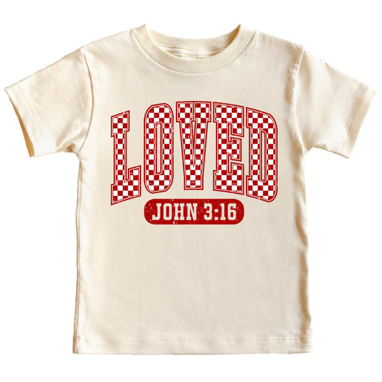 Close-up of red buffalo check Loved Christian Valentine's Day graphic print on natural tee