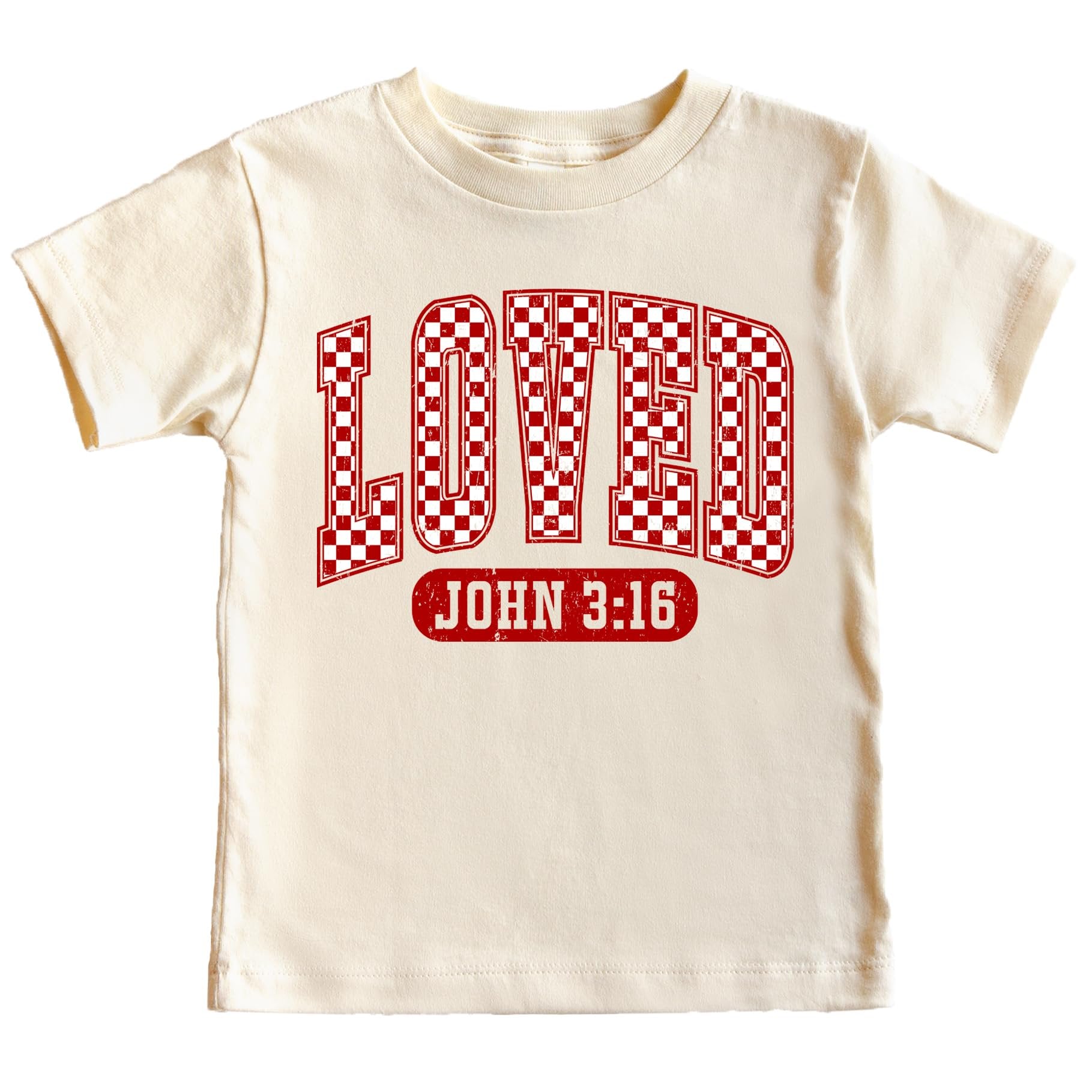 Close-up of red buffalo check Loved Christian Valentine's Day graphic print on natural tee
