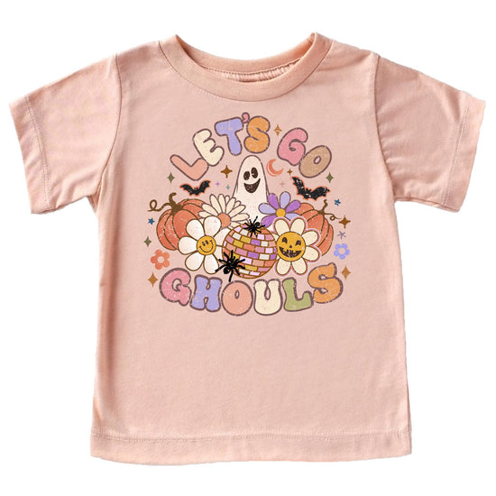Close-up of groovy Let's Go Ghouls Halloween print on peach shirt