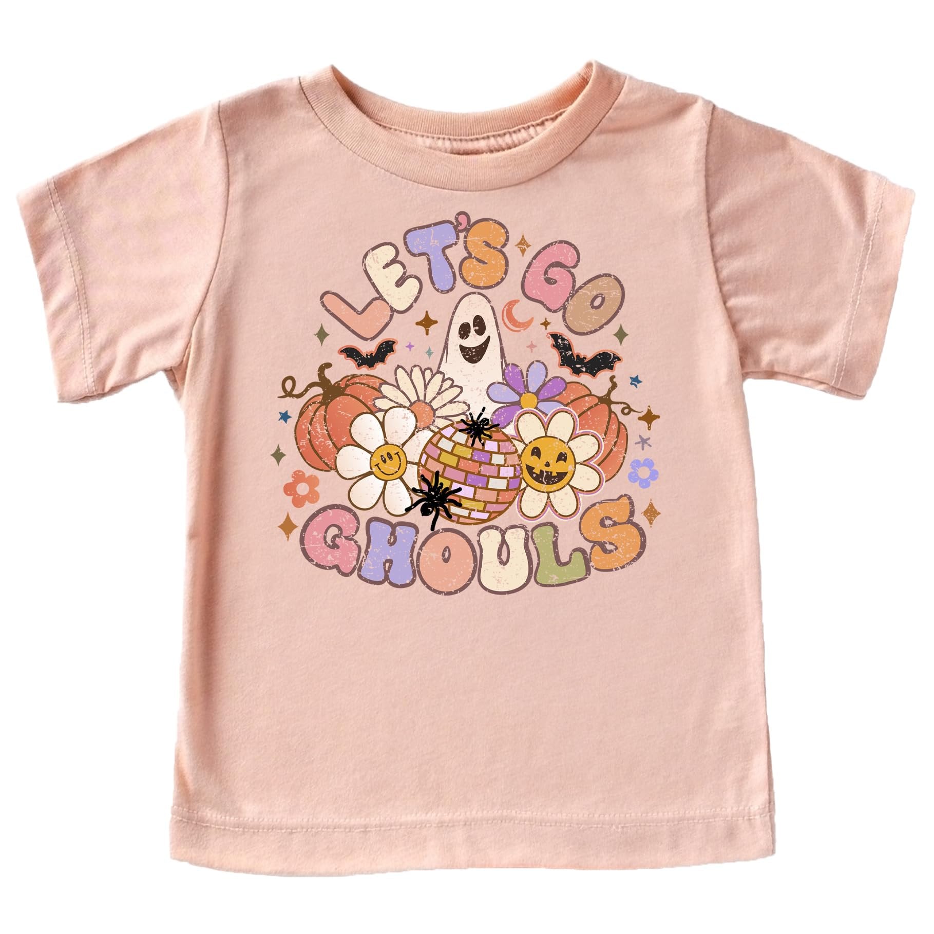 Close-up of groovy Let's Go Ghouls Halloween print on peach shirt