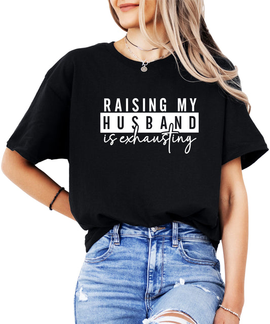Front view of funny wife graphic t-shirt in heather blue with bold humor print