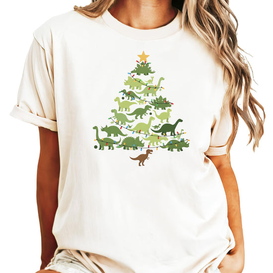 Flat lay of dinosaur Christmas tree shirt showing full design and shirt color options