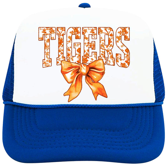 Floral Tigers Trucker Hat for Women & Teens Orange Bow Team Pride Classic 5 Panel Mesh Snapback