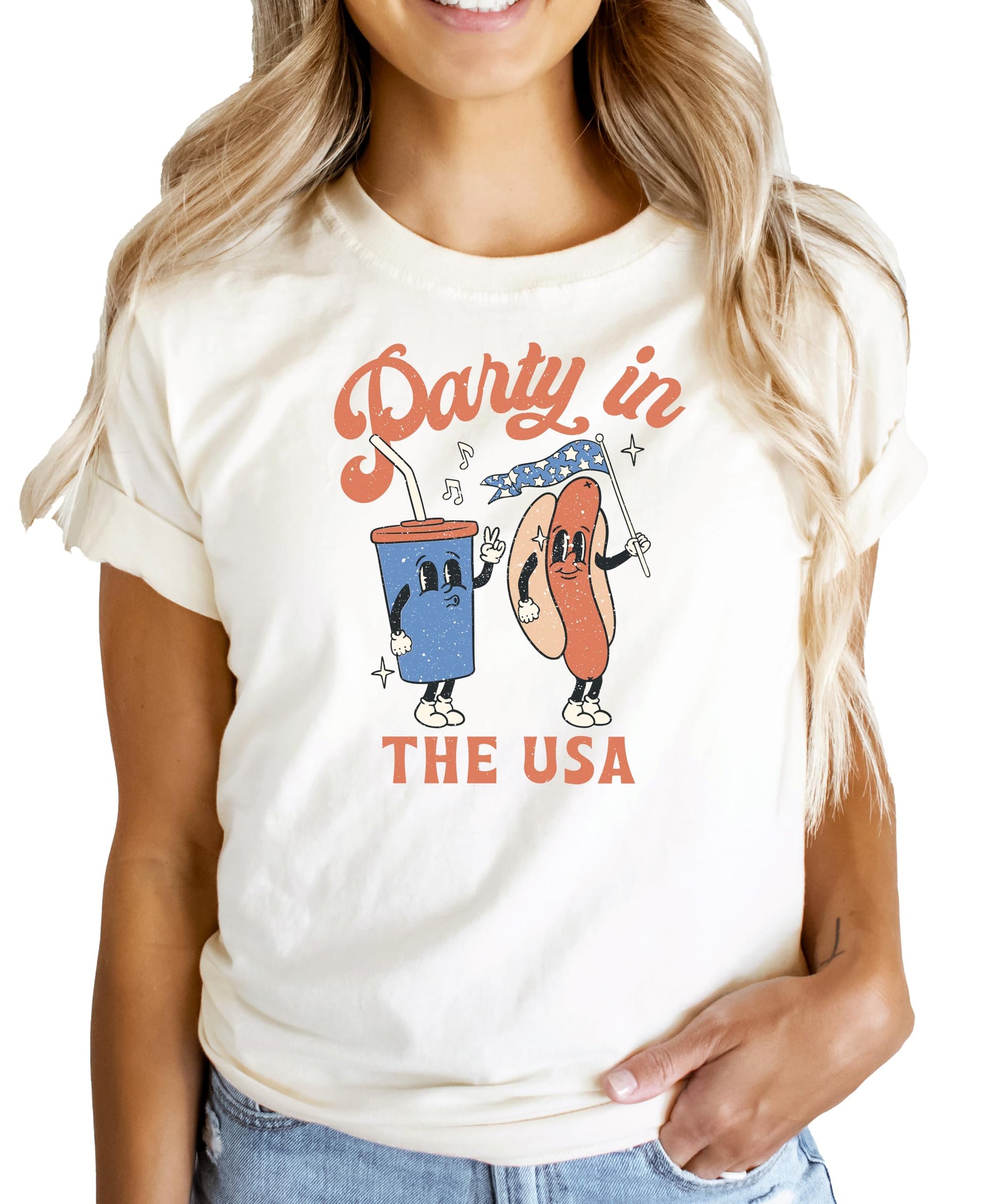 Family wearing matching Party in the USA 4th of July shirts in different colors
