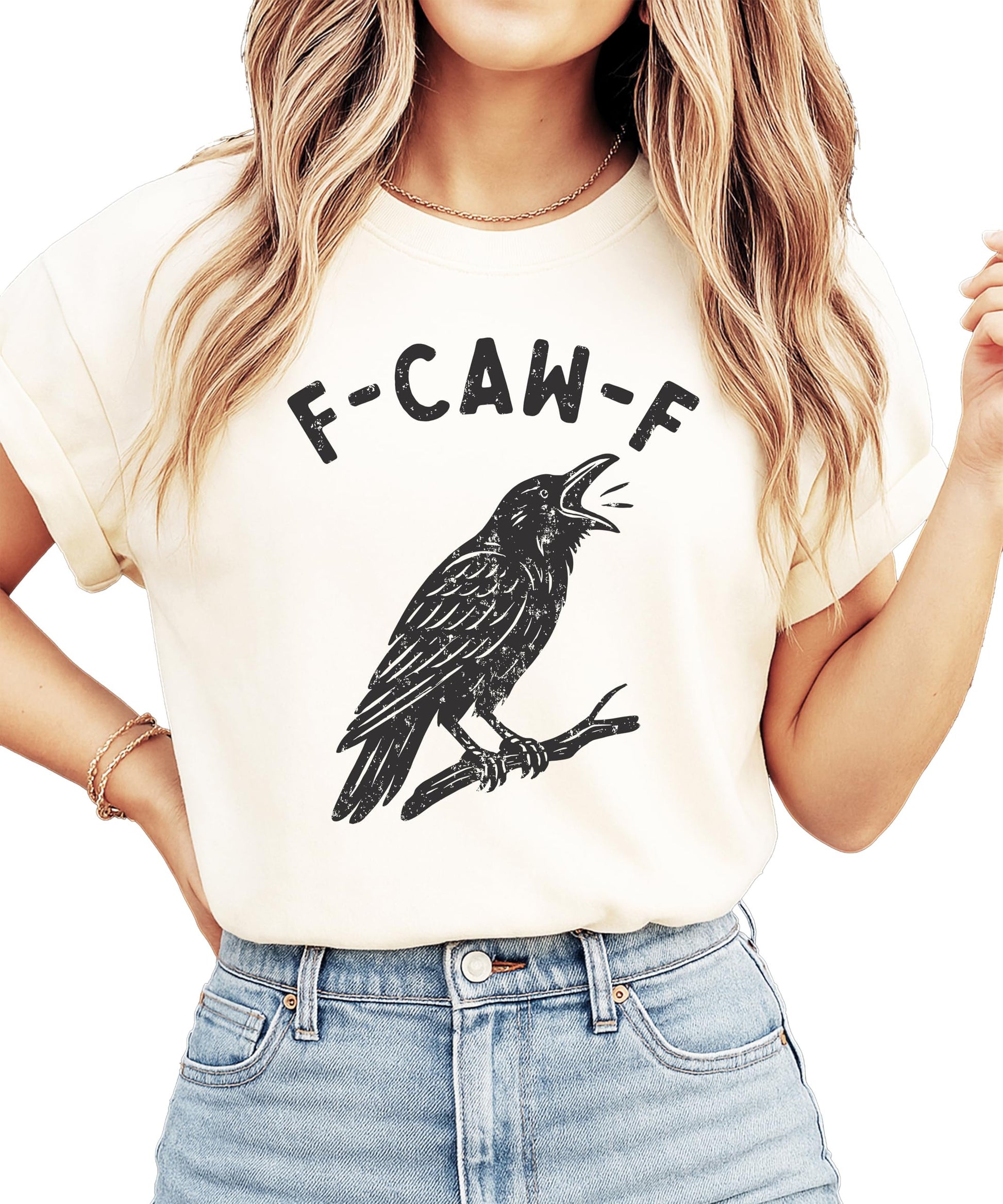 Front view of F-Caw-F funny crow Halloween shirt in seafoam green on adult model