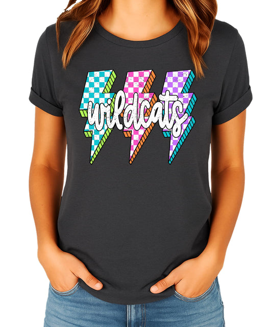Wildcats Lightning Bolt Team Pride Shirt for Women & Teens Trendy School Spirit Tee Black Shirt Adult Medium