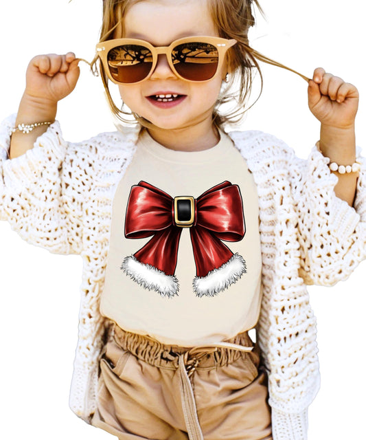 Santa Bow Shirt for Women Teens and Kids Cute Winter Holiday Tee