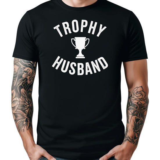 Trophy Husband men's t-shirt lifestyle shot on model